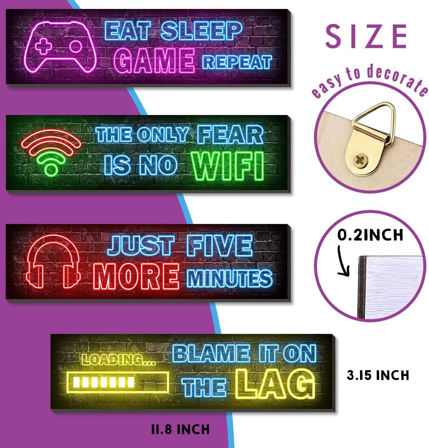 4 Pcs Printed Neon Gaming Posters – Cool Christmas and Housewarming Gift for Gamers, Game Room Wood Signs