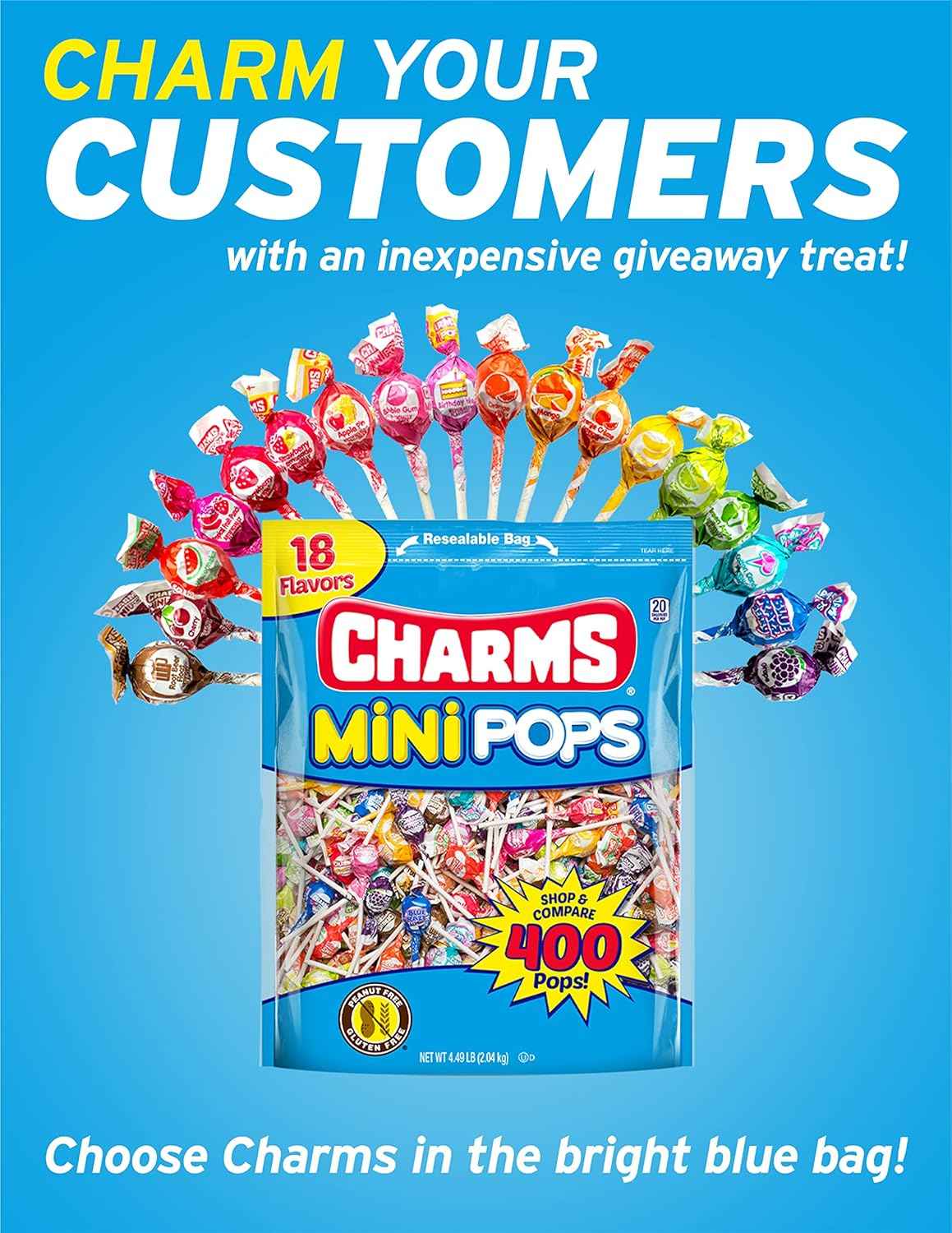Tootsie Roll Charms Mini Pops – Peanut-Free and Gluten-Free Lollipops for Kids' Birthday Parties and Piñata Stuffing, 18 Flavors