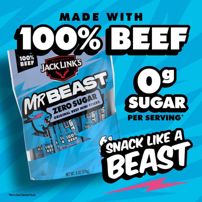 Jack Link's x MrBeast Zero Sugar Mini Beef Sticks – 6g Protein School Lunchbox Snack for Kids, 12 Individually Wrapped Sticks