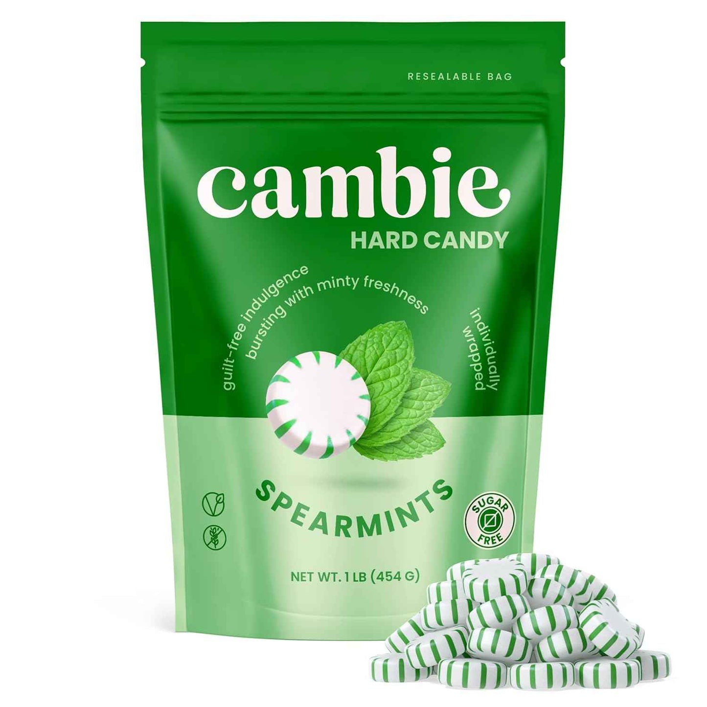 Cambie Spearmint Sugar Free Mints – Calorie-Conscious Self-Care Candy for Home Relaxation, Resealable Pouch