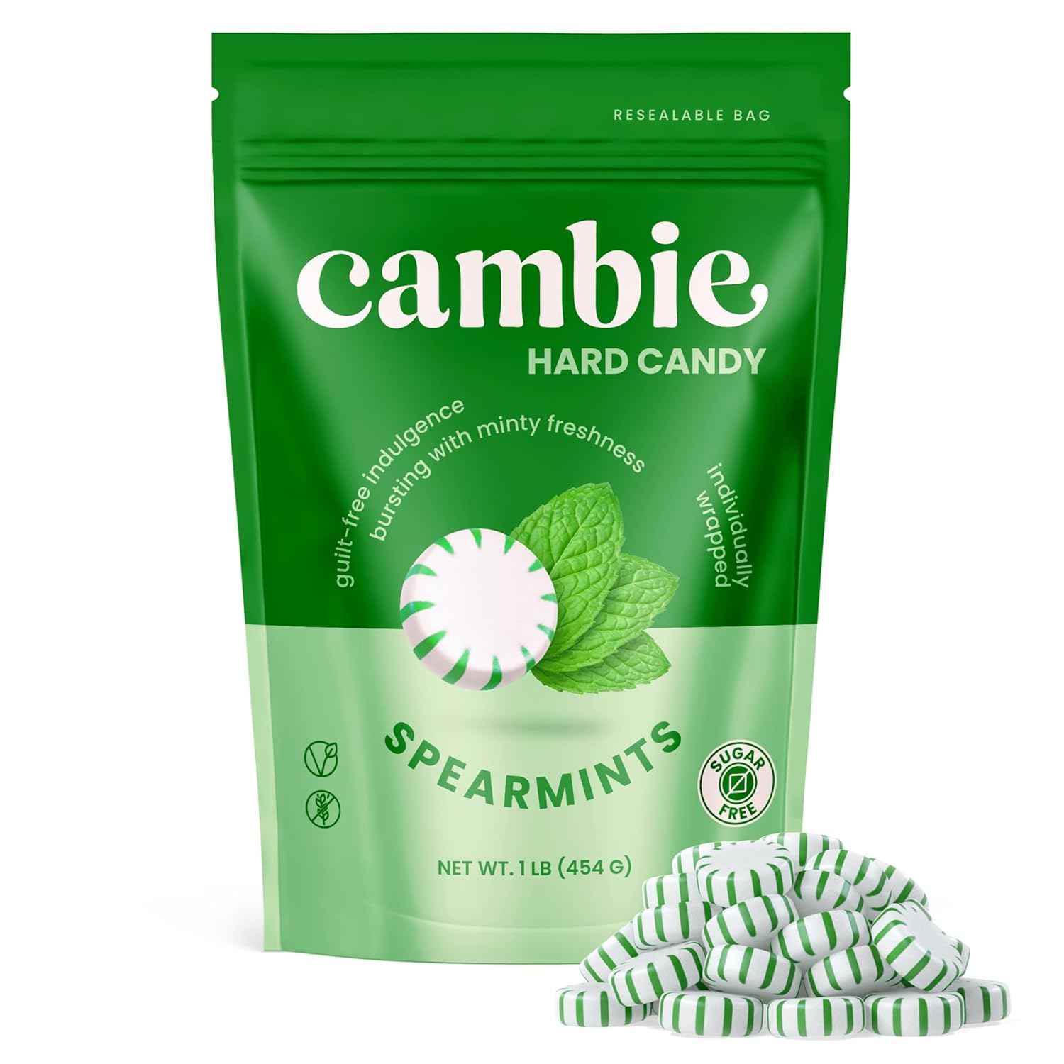 Cambie Spearmint Sugar Free Mints – Calorie-Conscious Self-Care Candy for Home Relaxation, Resealable Pouch