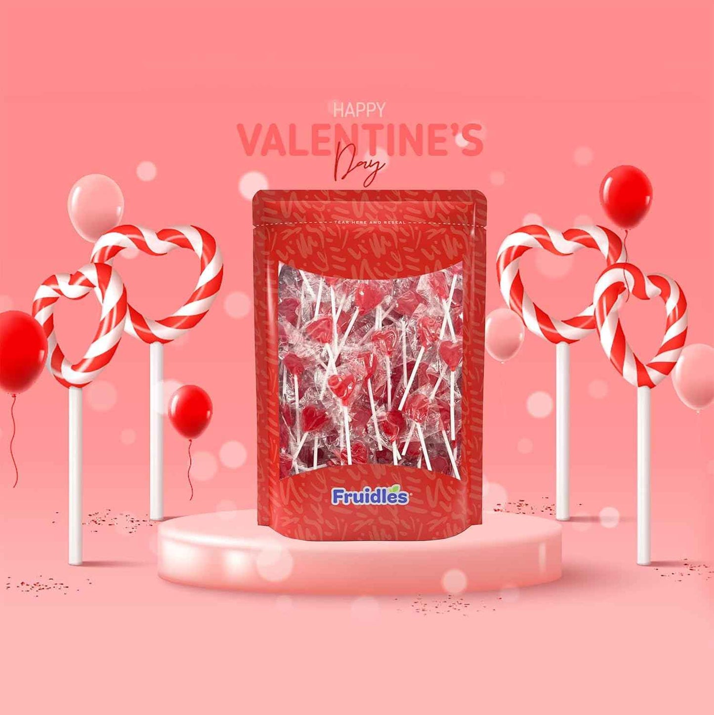 Fruidles Strawberry Heart Lollipops – Sweet Valentine's Day Gift for Her, Individually Wrapped Red Candy in Bulk