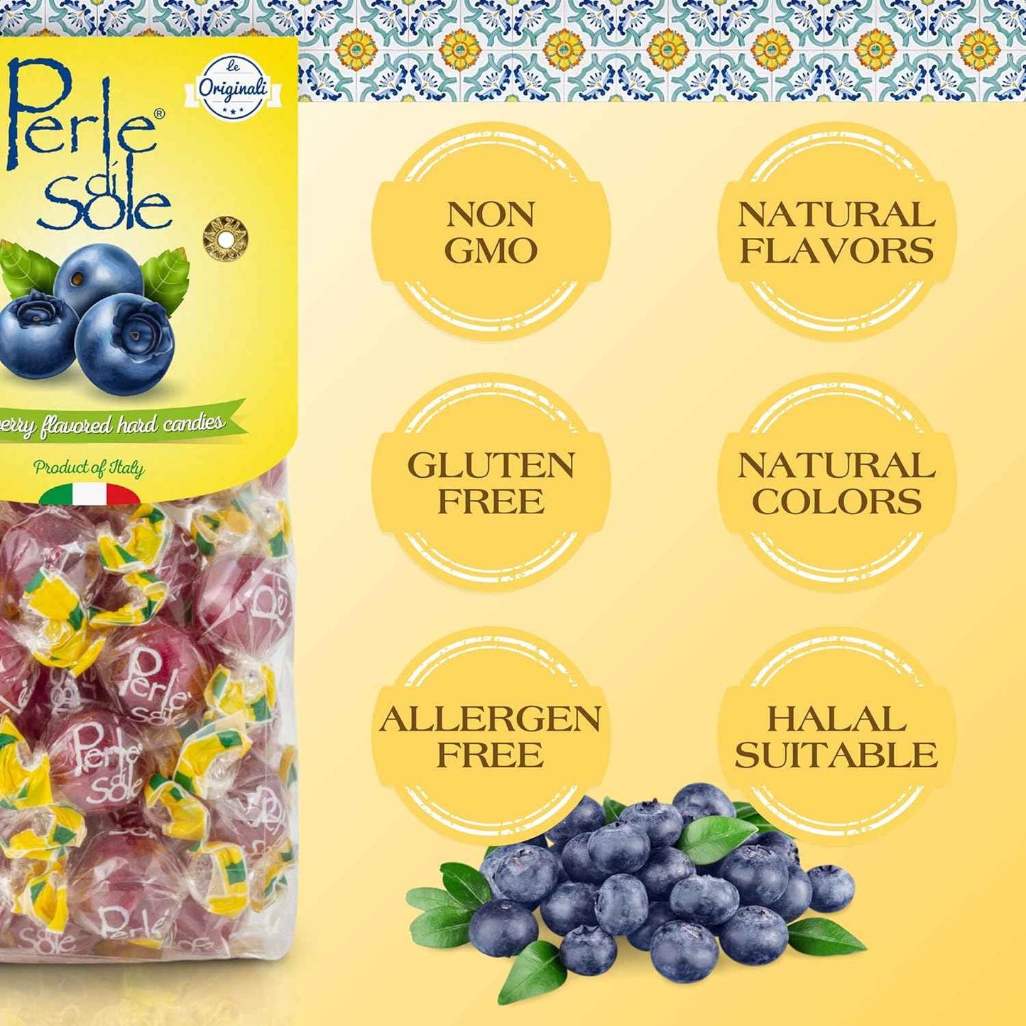 Perle di Sole Italian Candy - Imported Amalfi Coast Blueberry Hard Candy with Tart Filling - Gourmet Connoisseur's Indulgence