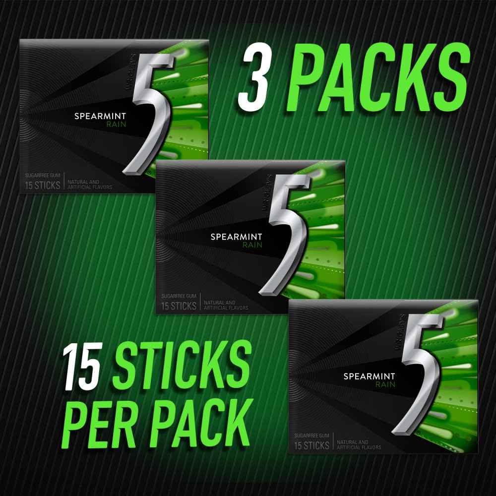 5 Gum Spearmint Rain Sugar Free Chewing Gum 45 Pieces, Long Lasting Desk Snack for Remote Work and Deep Work Sessions