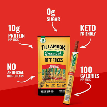 Tillamook Country Smoker Hardwood-Smoked Beef Sticks – Whole30 Approved Protein for Mindful Snacking, Original 8-Pack