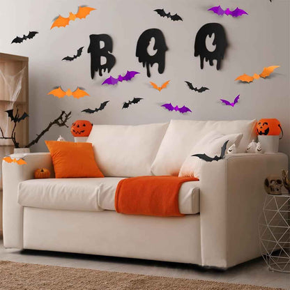 Indoor and Outdoor Bat Decor – 72 Pcs Foldable 3D PVC Halloween Wall Stickers for Patio, Windows, and Garden Party Setup