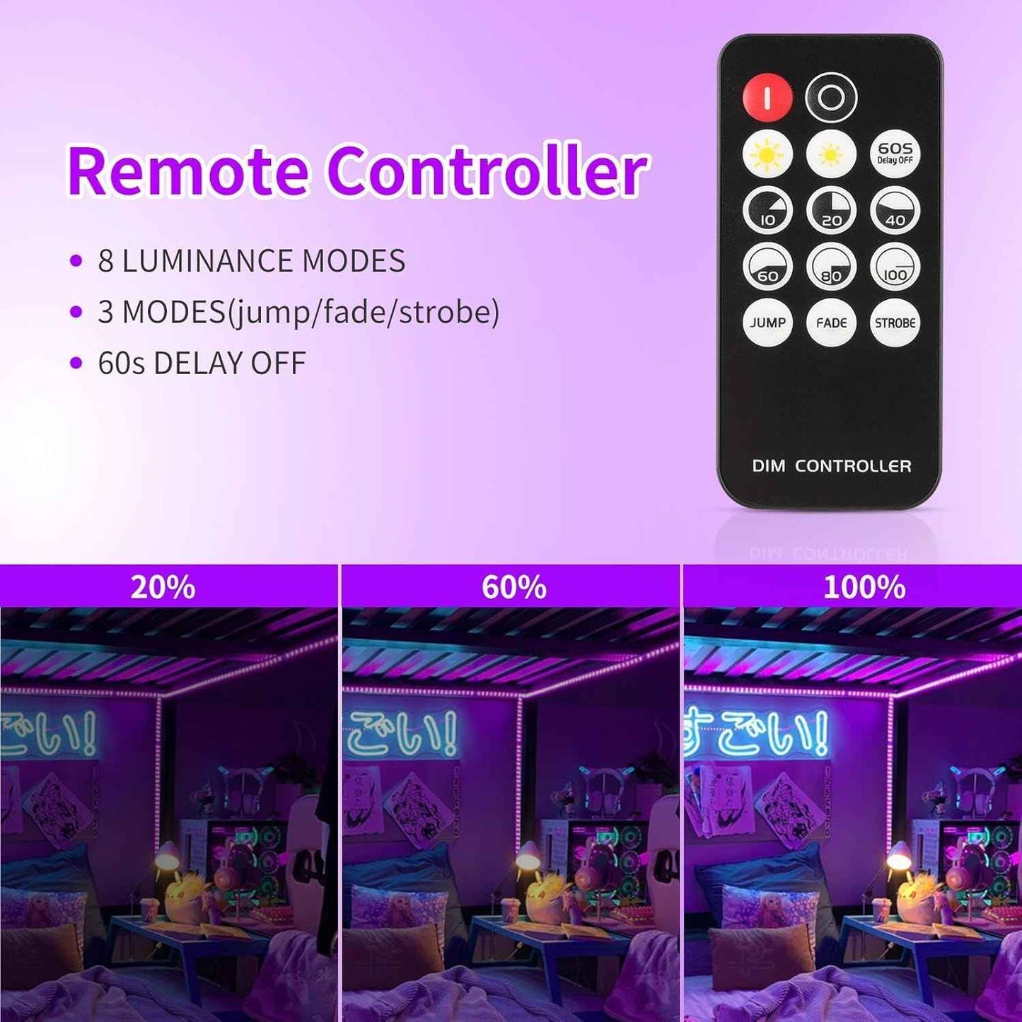 Aogiftr Black Light LED Strip – Living Room Ambient Glow for Cozy Nights, 12V Dimmable Remote Control