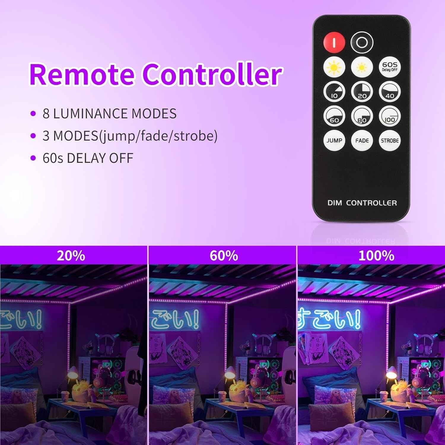 Aogiftr Black Light LED Strip – Living Room Ambient Glow for Cozy Nights, 12V Dimmable Remote Control