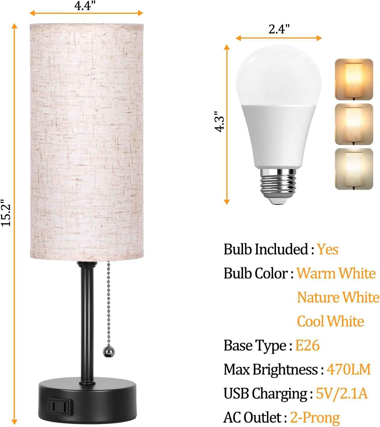 Modern Minimalist Table Lamp for Bedroom, Compact 4.4 Inch Base Reading Light with 2700K 4000K 5000K Modes