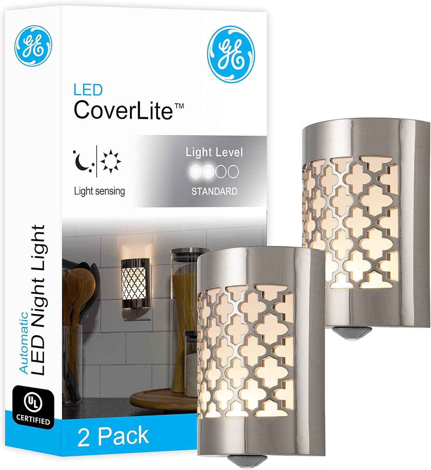 GE CoverLite Moroccan LED Night Light, Brushed Nickel Plug-in Decor for Bedroom and Living Room, Dusk to Dawn Wall Outlet Accent Light, 2 Pack