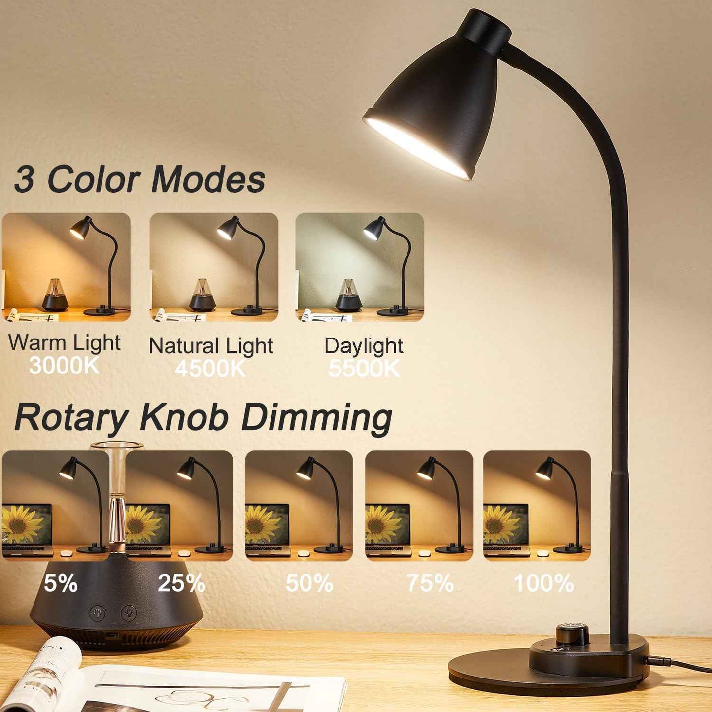 BOHON Dimmable Desk Lamp with USB Port – Eye-Friendly Study Light for Remote Workers and Students