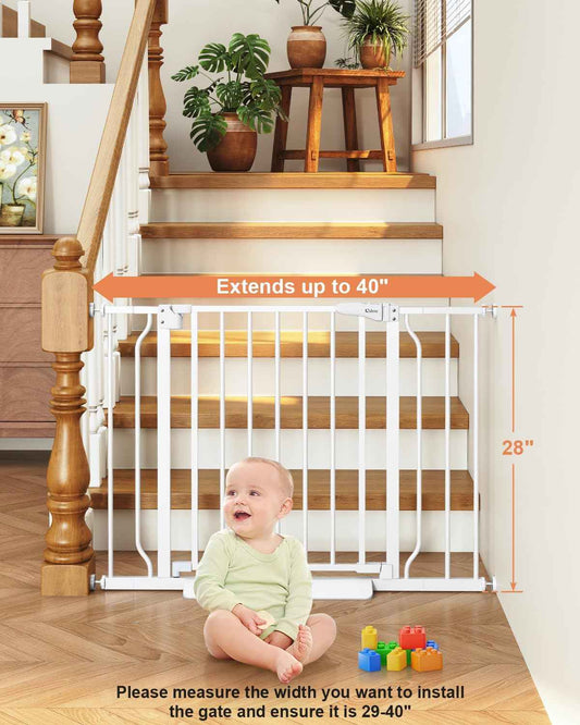 ChildProof Pressure Mounted Pet Gate with Auto-Close Hinge, No Drill Baby Gate 29-40 Inch Wide for Stairways and Doorways, One-Hand Release Lock