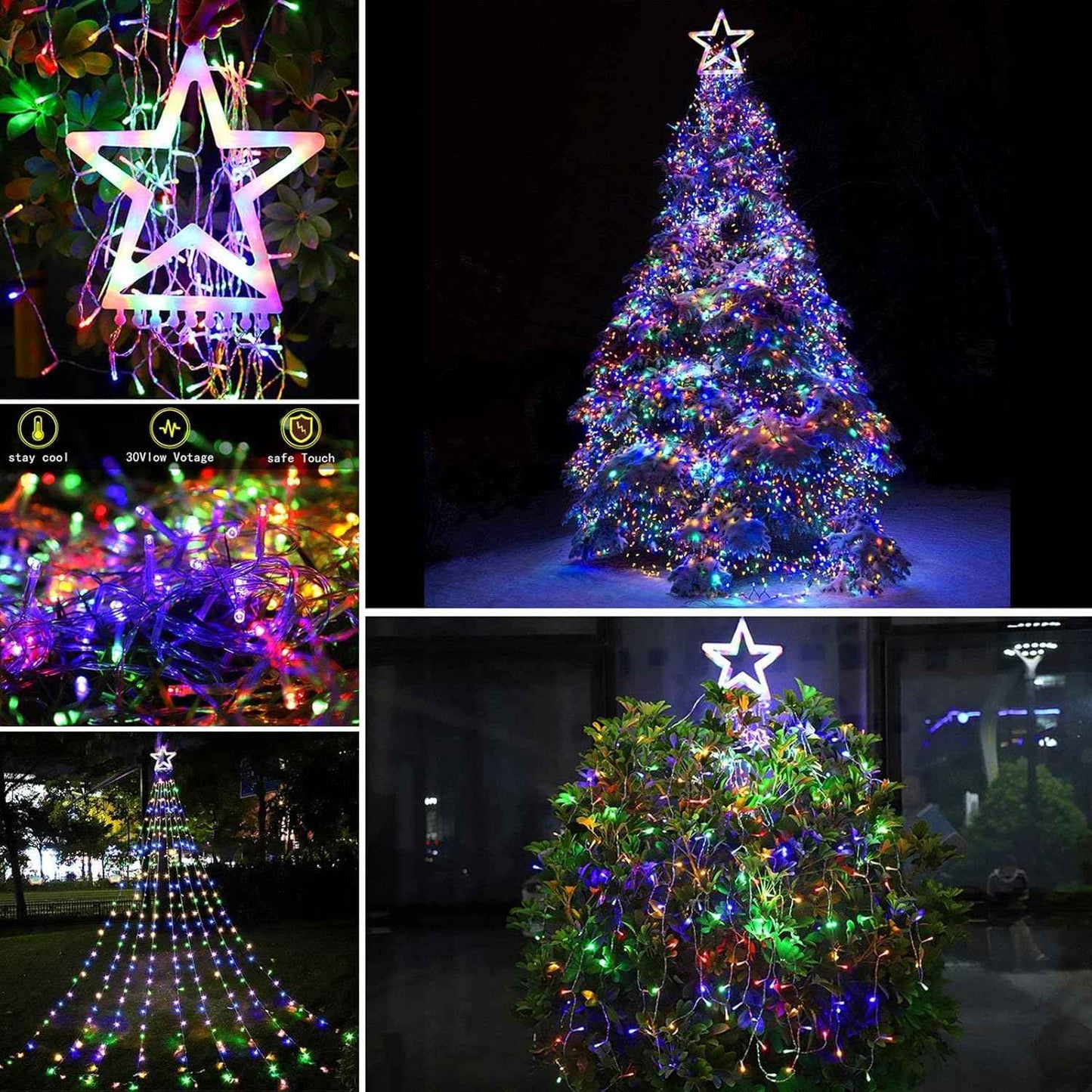 FUNIAO 320 LED Waterfall Christmas Lights with 12.6" Star Topper, IP44 Waterproof Outdoor String Lights for Patio, Yard and Garden