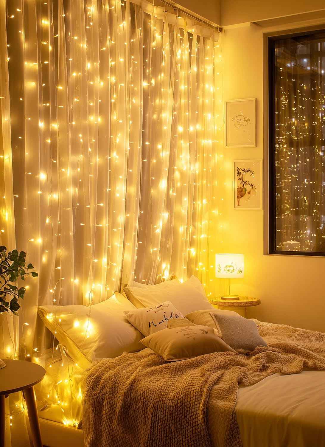 Brightown 300 LED Curtain Fairy Lights in Soft Pink, 9.8x9.8 ft USB-Powered Hanging Lights with 8 Modes and Timer, Bedroom Window Backdrop and Vanity Area Decor