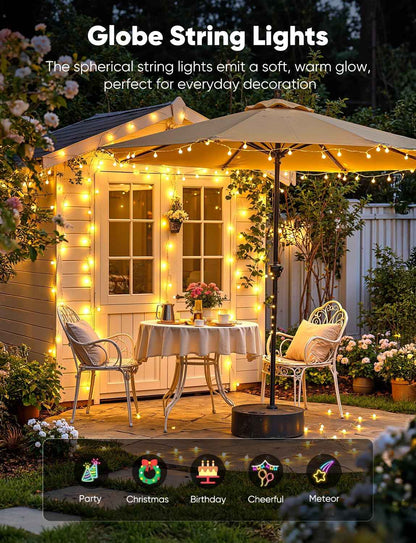 Minetom Globe String Lights – Patio & Garden Ambient Lighting for Outdoor Dining, 33ft 100 LED IP44 Waterproof Plug-in Fairy Lights with Remote