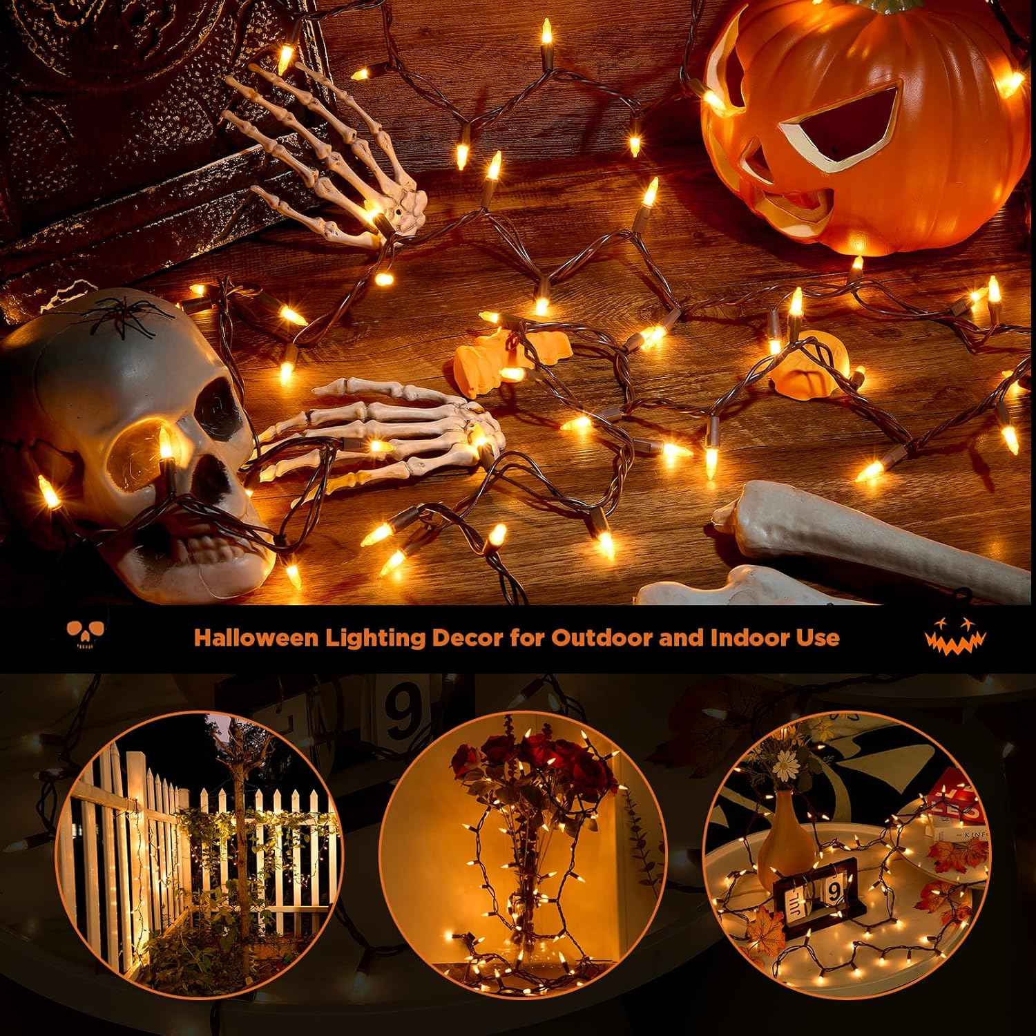 LumDecor Fall String Lights – Patio and Camping String Lights with Brown Wire, 21 ft Connectable Orange Halloween Lights for Outdoor Yard