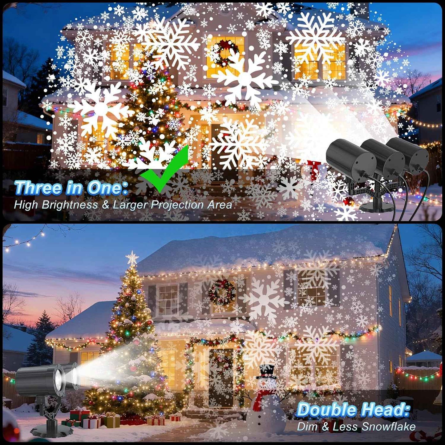 Ready-to-Gift Triple Head Snowflake Projector Light, No Ladder Required Holiday Gift for Parents and Homeowners Who Love Easy Decorating