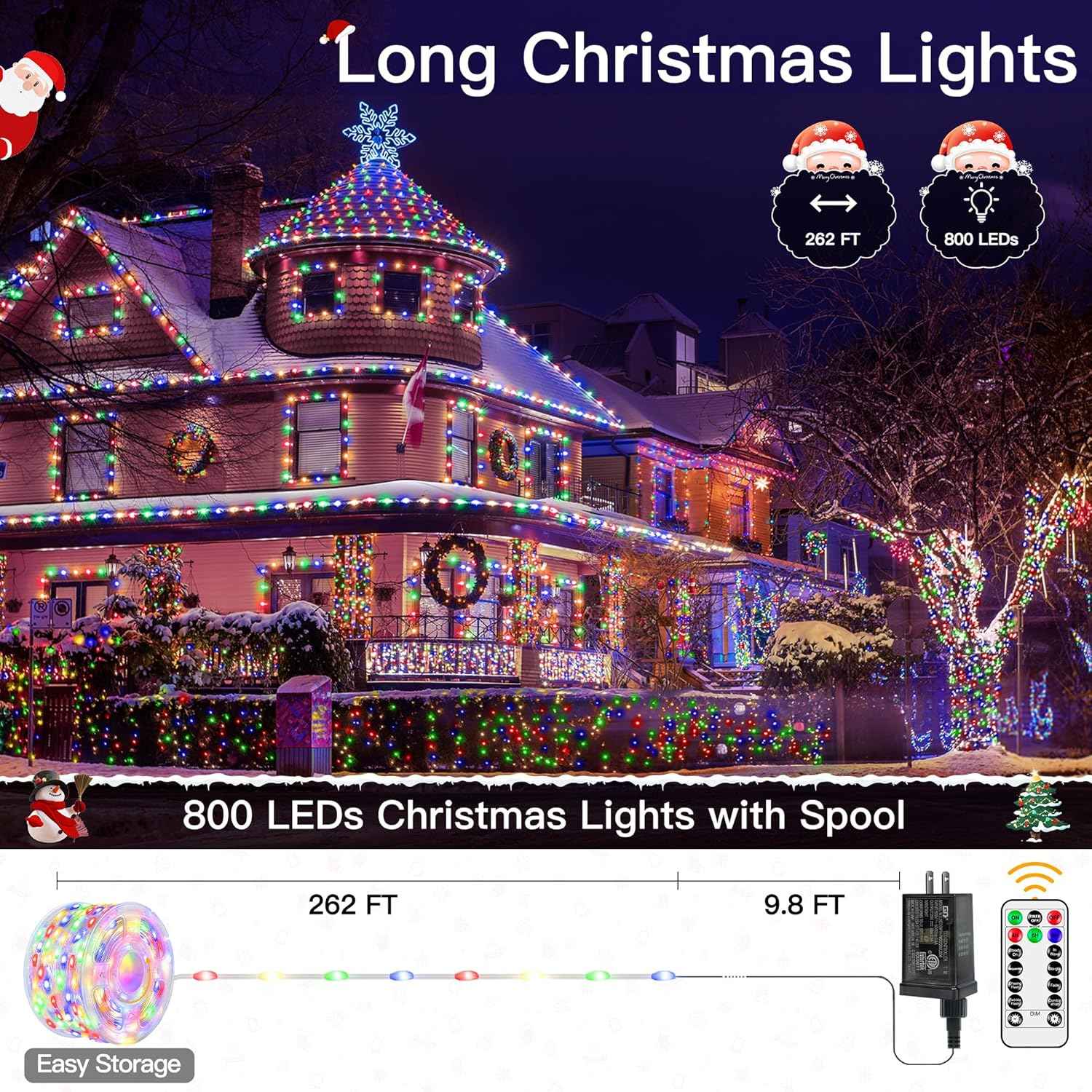 Ollny Heavy-Duty Fairy Lights 800LED 262ft Plug-in String with Remote – Weatherproof Decor for Roofline, Fence & Yard Trees