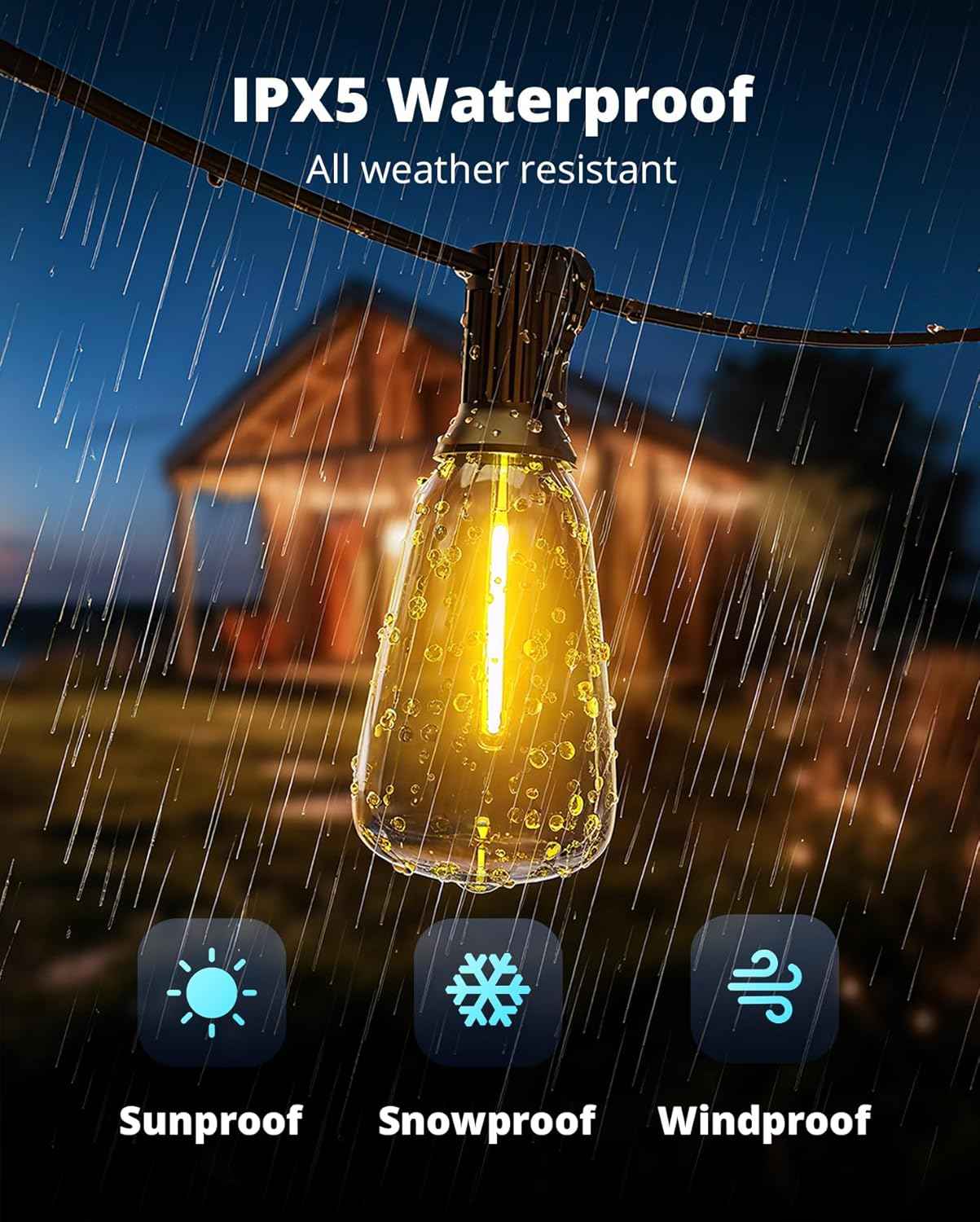 VIPAR Shatterproof String Lights – Cool-Touch ST38 LED Bulbs Safe for Kids, Pets, and Family Backyards