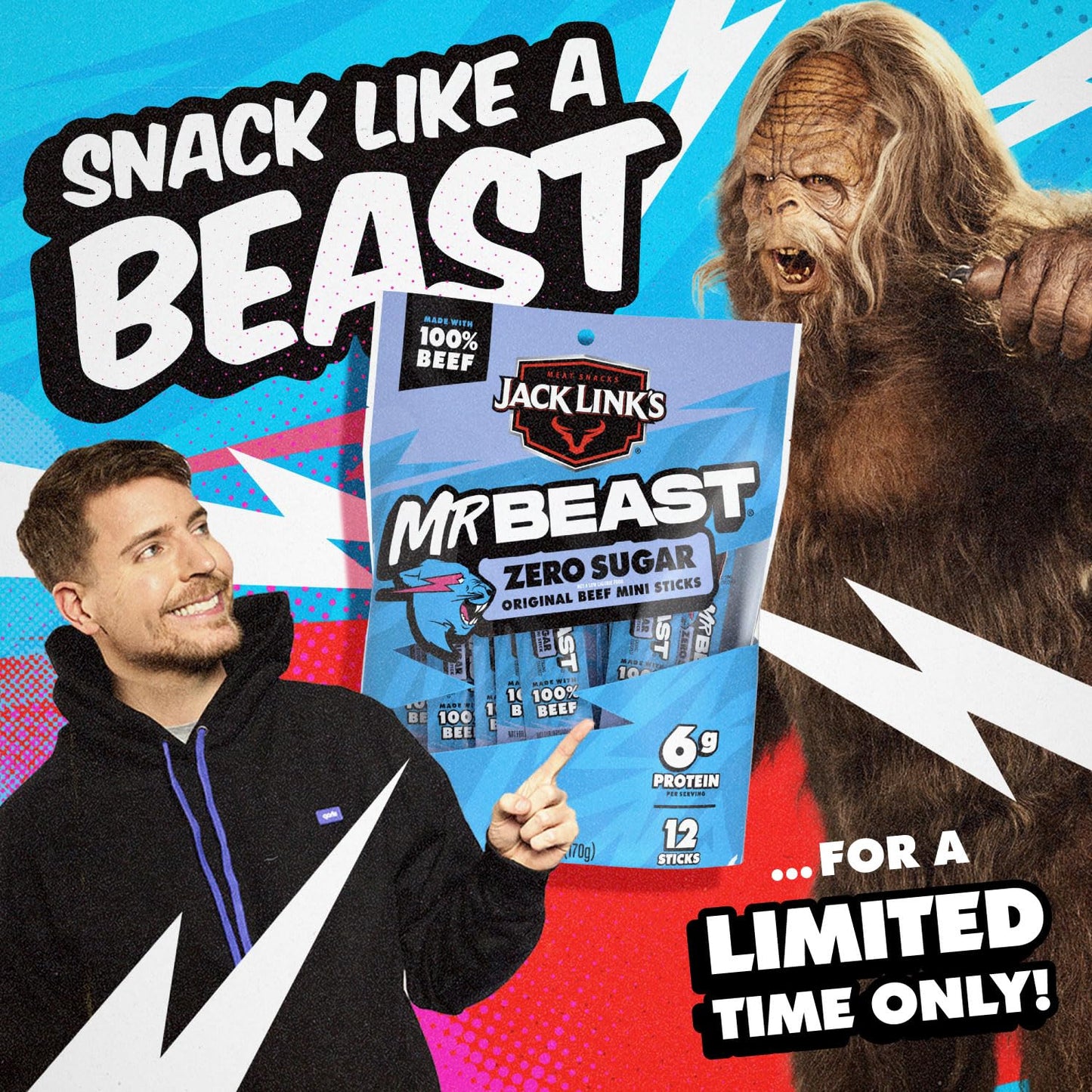Jack Link's x MrBeast Zero Sugar Mini Beef Sticks – 6g Protein School Lunchbox Snack for Kids, 12 Individually Wrapped Sticks