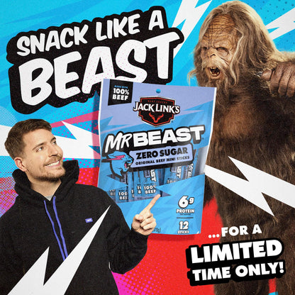 Jack Link's x MrBeast Zero Sugar Mini Beef Sticks – 6g Protein School Lunchbox Snack for Kids, 12 Individually Wrapped Sticks