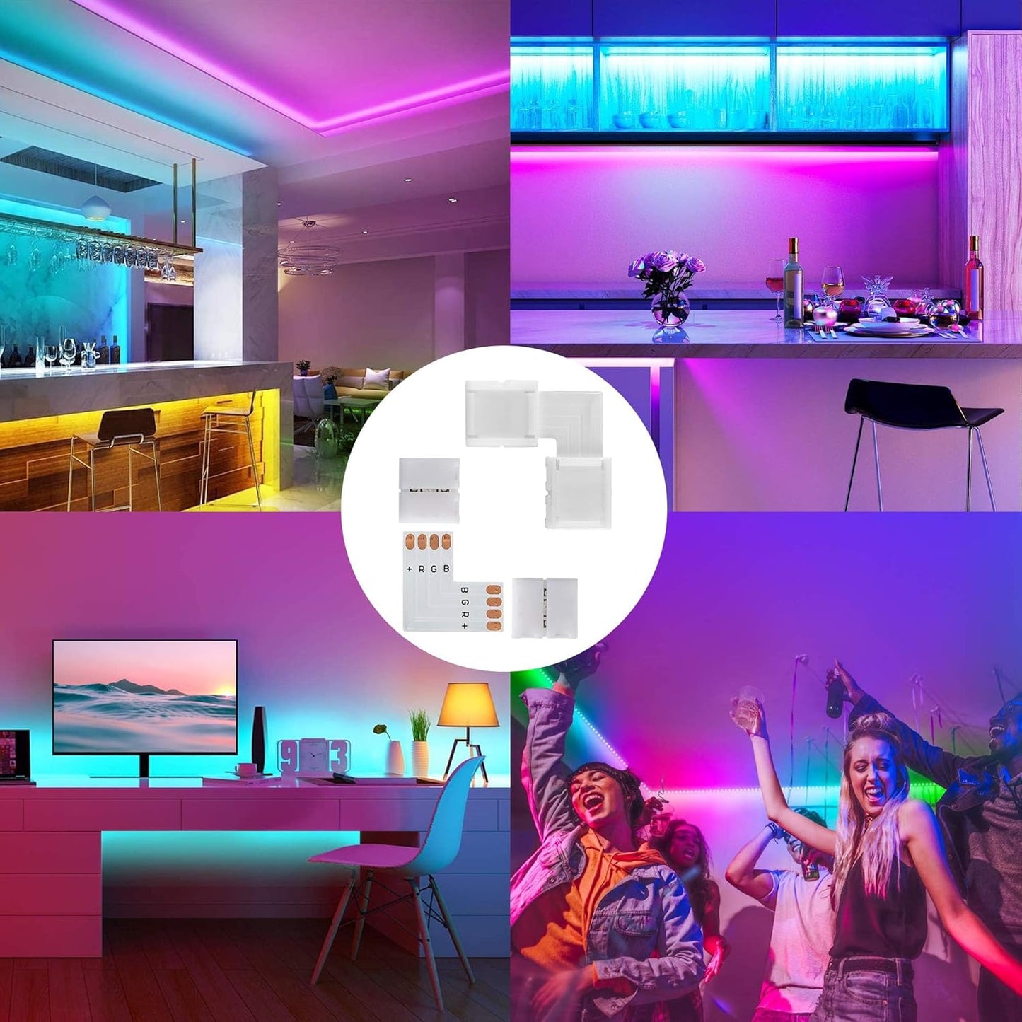 JACKYLED Clean-Install LED Strip L Connectors for Uncluttered Apartment Living Room, 10mm 4-Pin Solderless Kit