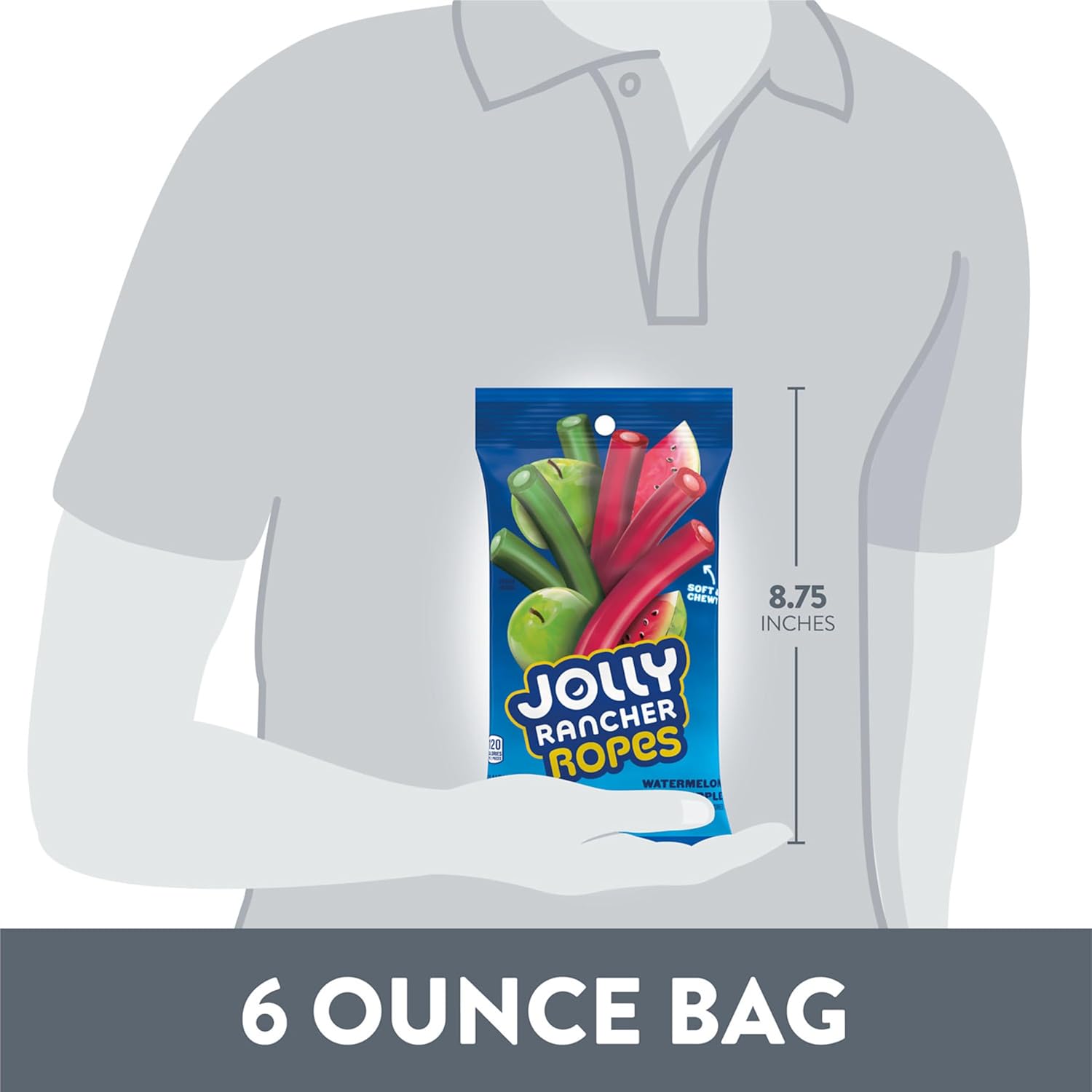 JOLLY RANCHER Ropes Watermelon & Green Apple Chewy Candy for Kids Lunch Boxes and After-School Snacks, 6 oz Bag