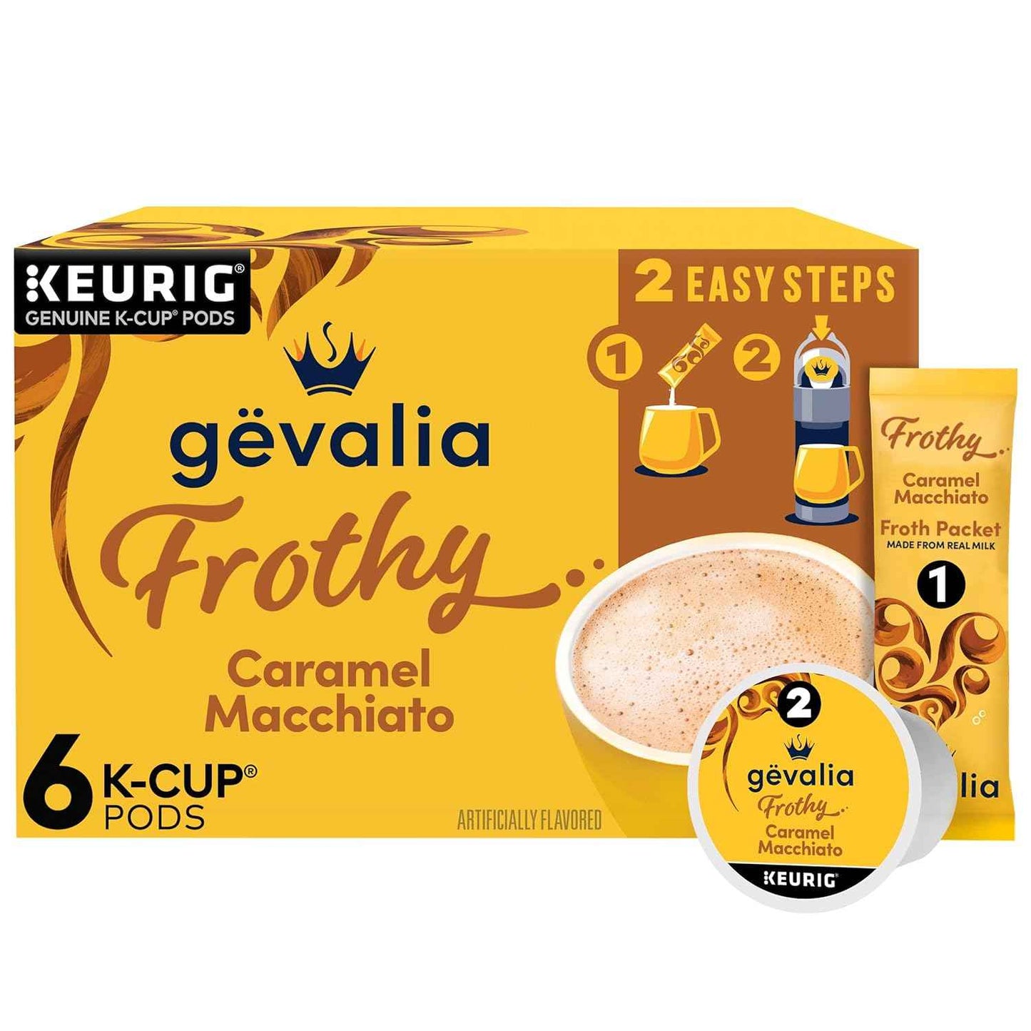 Gevalia Caramel Macchiato K-Cup Pods with Froth Packets – Home Office Coffee Pick-Me-Up, 2-Step Single-Serve Brew for Focus Mornings