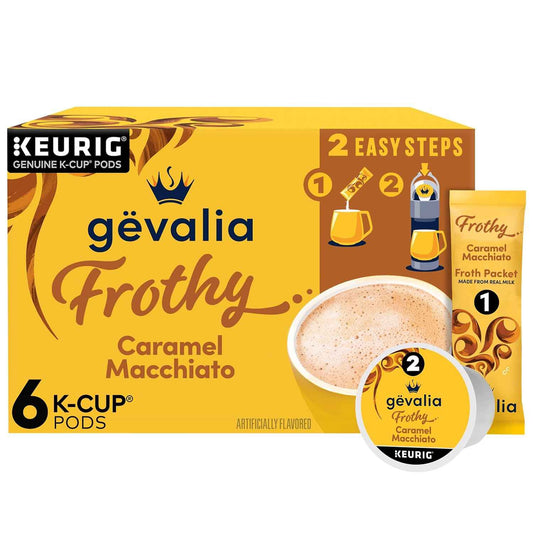 Gevalia Caramel Macchiato K-Cup Pods with Froth Packets – Home Office Coffee Pick-Me-Up, 2-Step Single-Serve Brew for Focus Mornings