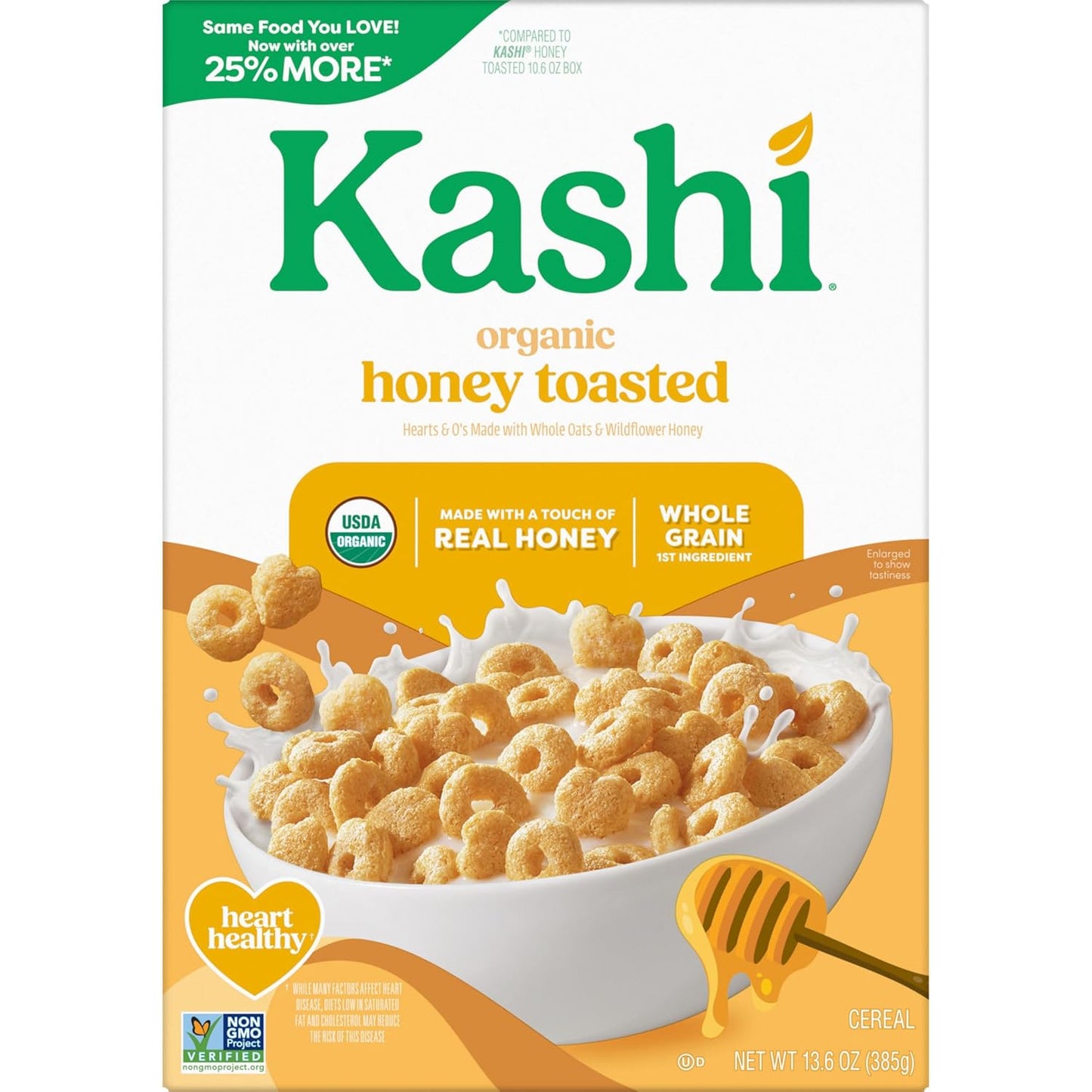 Kashi Organic Honey Toasted Cereal – Fun Heart & O Shapes for Kids' Breakfast Bowl, 13.6oz Box