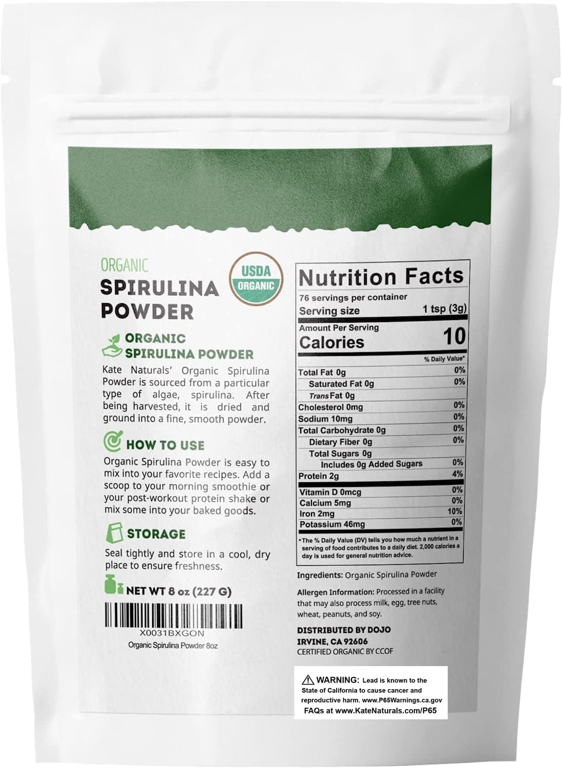 Kate Naturals Organic Spirulina Powder – Quick Nutrient Boost for Busy Workday Fuel, 8 oz USDA Certified