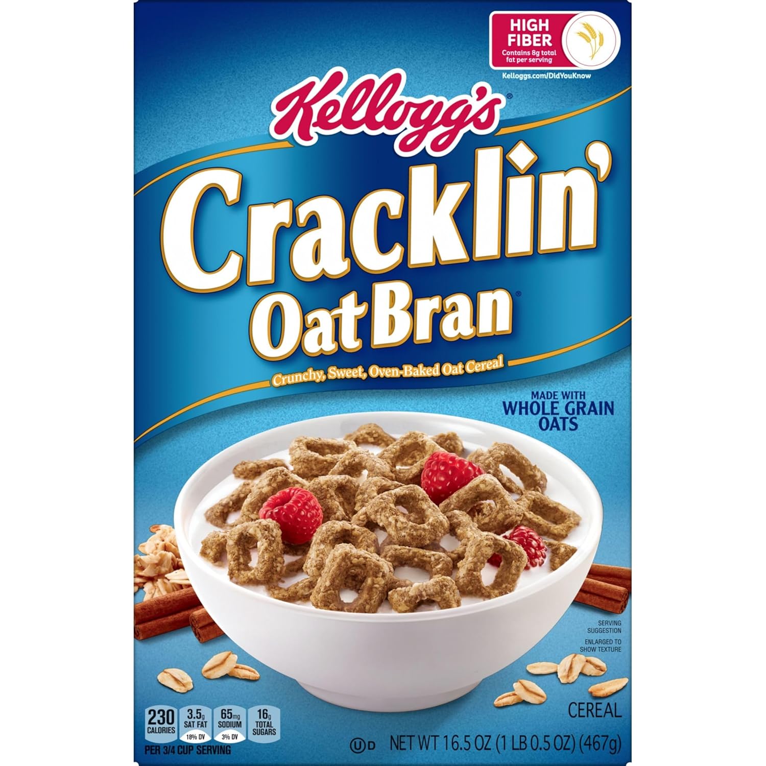 Kellogg's Cracklin' Oat Bran Breakfast Cereal, Fiber Cereal, Family Cereal, Original (3 Boxes) – Clean-Label Morning Bowl for Wellness-Focused Adults