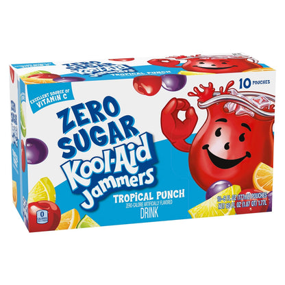 Kool-Aid Jammers Tropical Punch Zero Sugar Pouches, 10 ct Box, Picnic and Park Outing Drink for Kids