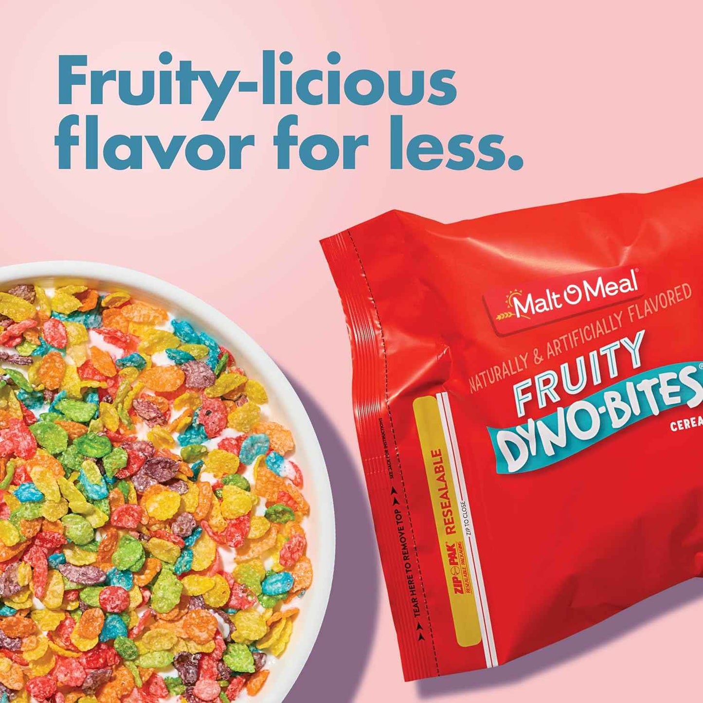 Malt-O-Meal Fruity Dyno Bites Cereal, Streamlined Gluten Free Pantry Cereal for Clutter Free Kitchens, 32 OZ Resealable Bag