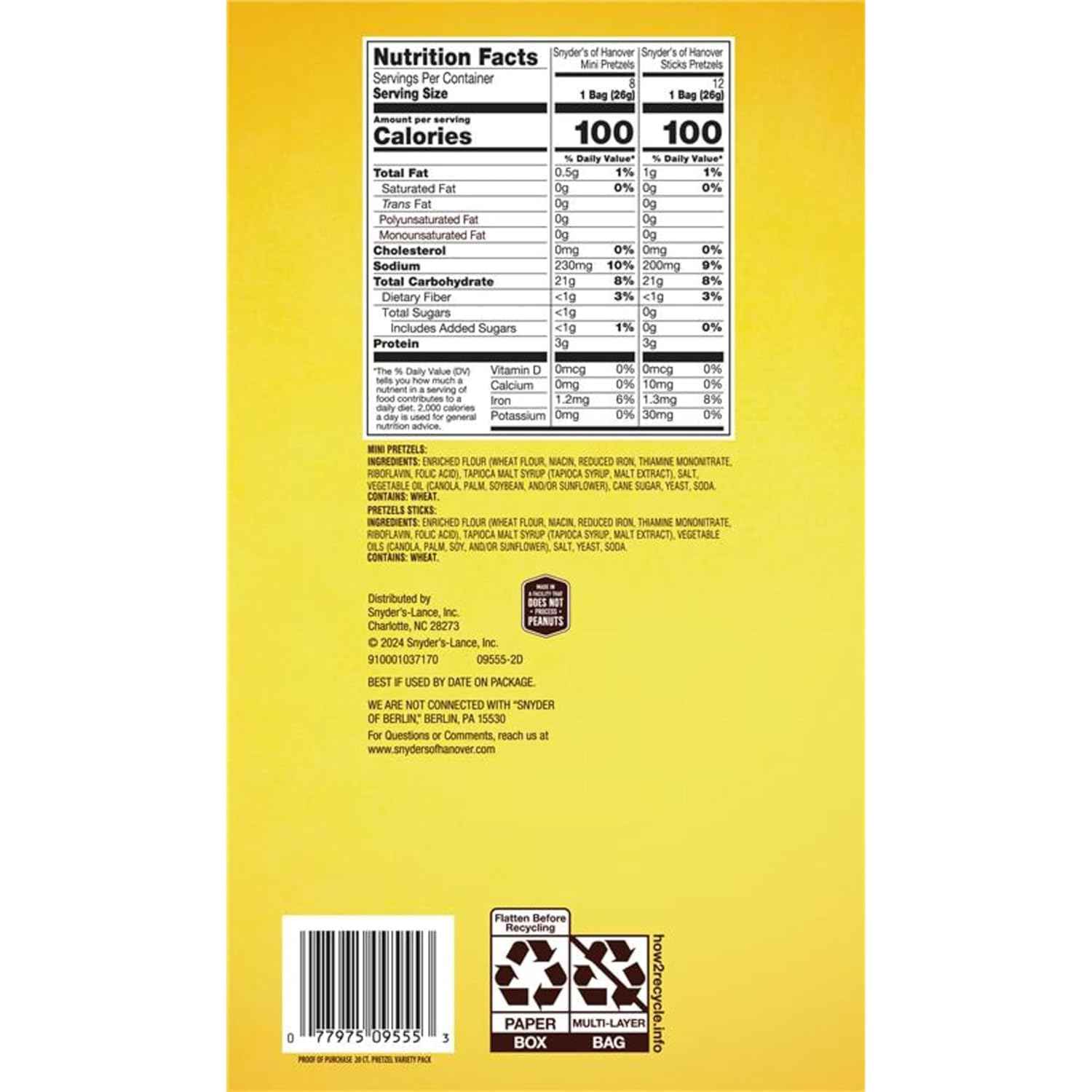 Snyder's of Hanover Peanut-Free Pretzels Bulk – Allergen-Conscious Pantry Snack Pack, 36 Individually Wrapped