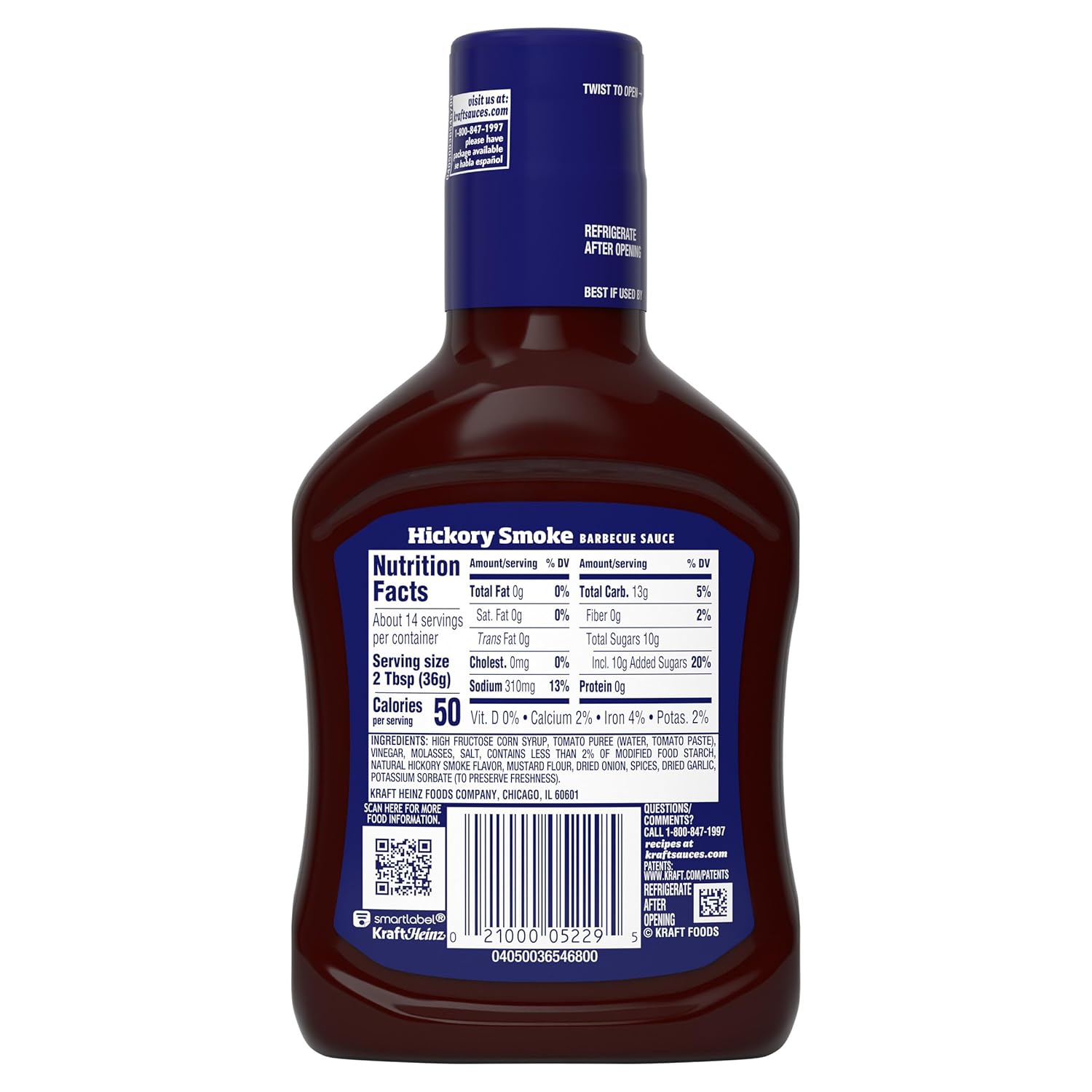 Kraft Hickory Smoke Slow-Simmered Barbecue Sauce, 17.5 oz Bottle – Family Dinner Dipping Sauce Kids Love with Chicken and Fries