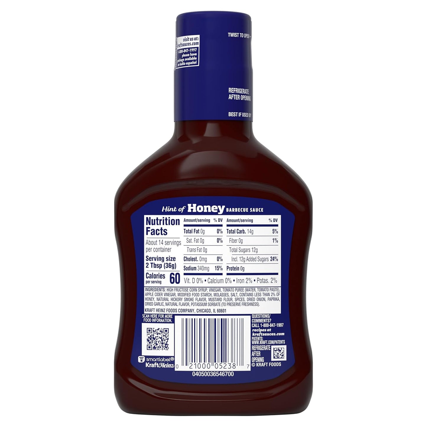 Kraft Hint of Honey Slow-Simmered Barbecue BBQ Sauce 18 oz – 60 Calorie Glaze for Health-Conscious Meal Prep