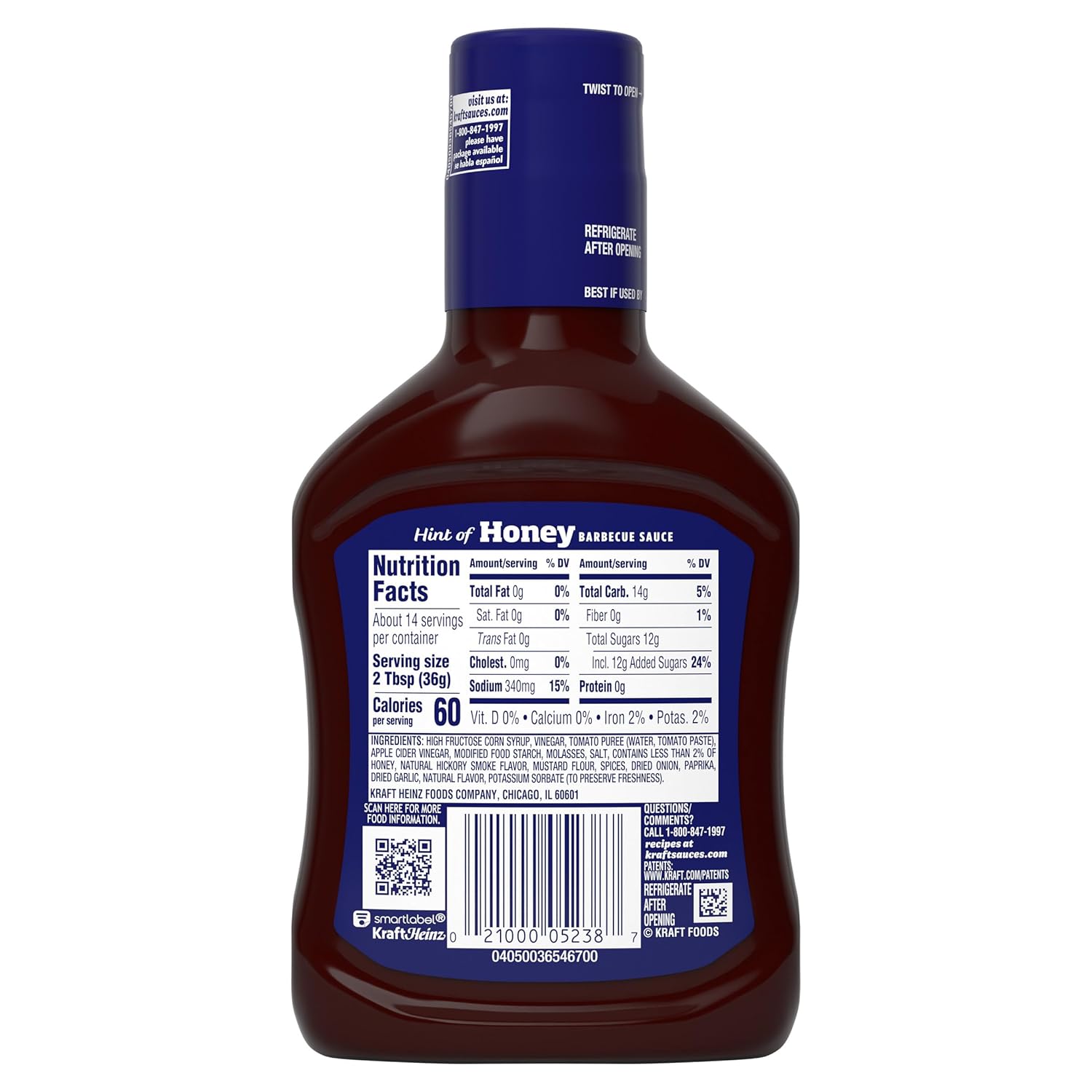 Kraft Hint of Honey Slow-Simmered Barbecue BBQ Sauce 18 oz – 60 Calorie Glaze for Health-Conscious Meal Prep