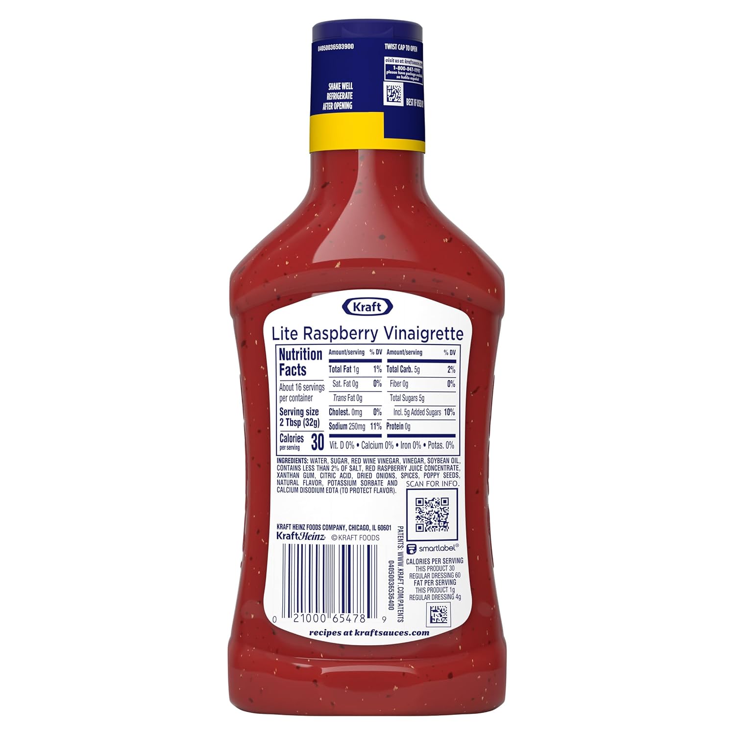 Kraft Lite Raspberry Vinaigrette – Family-Safe No Artificial Dyes Dressing for School Lunches, 16 fl oz