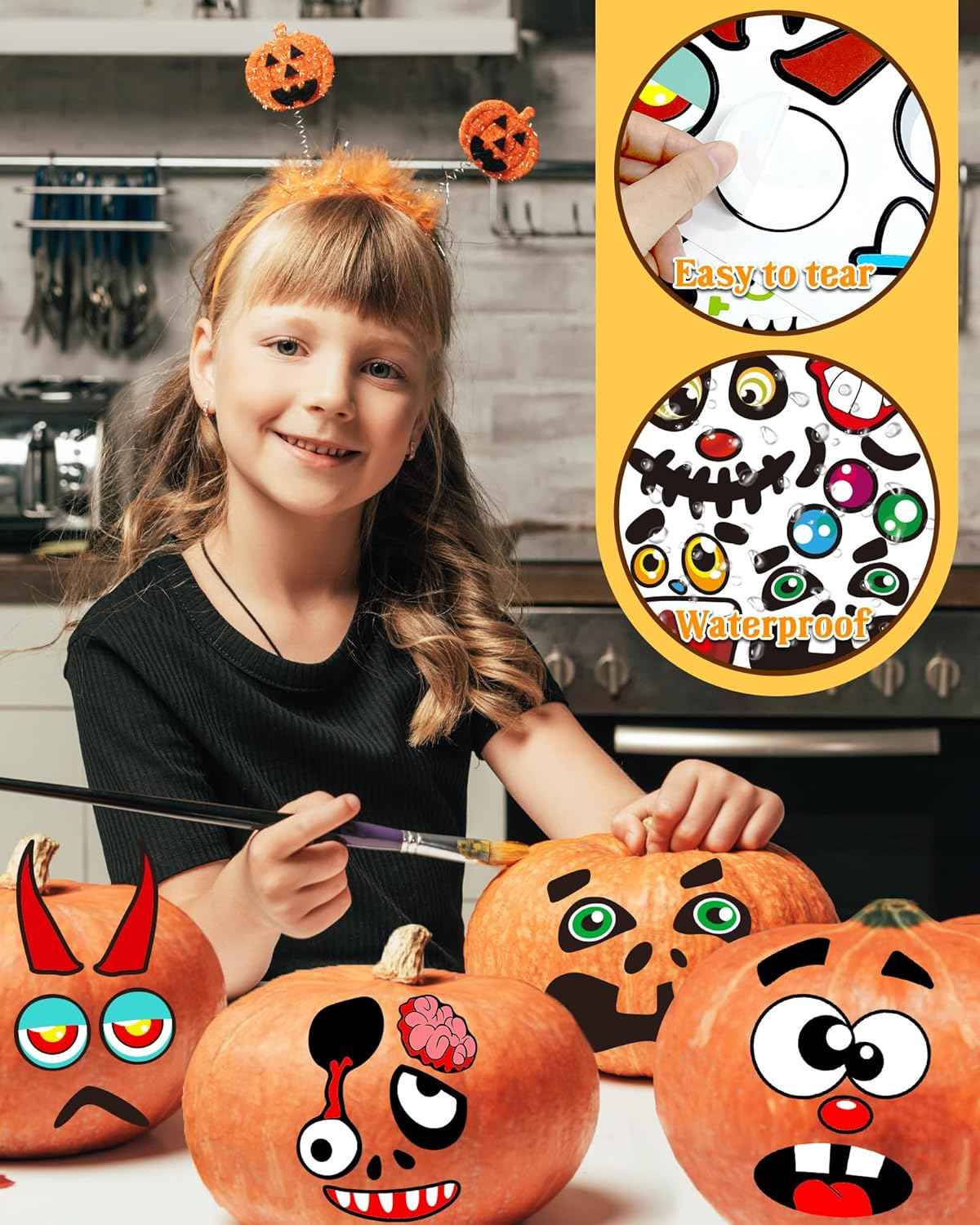 Greingways Non-Toxic Halloween Pumpkin Stickers, Child-Safe Vinyl Decorating Kit with 88 Funny Faces, No Sharp Tools Required