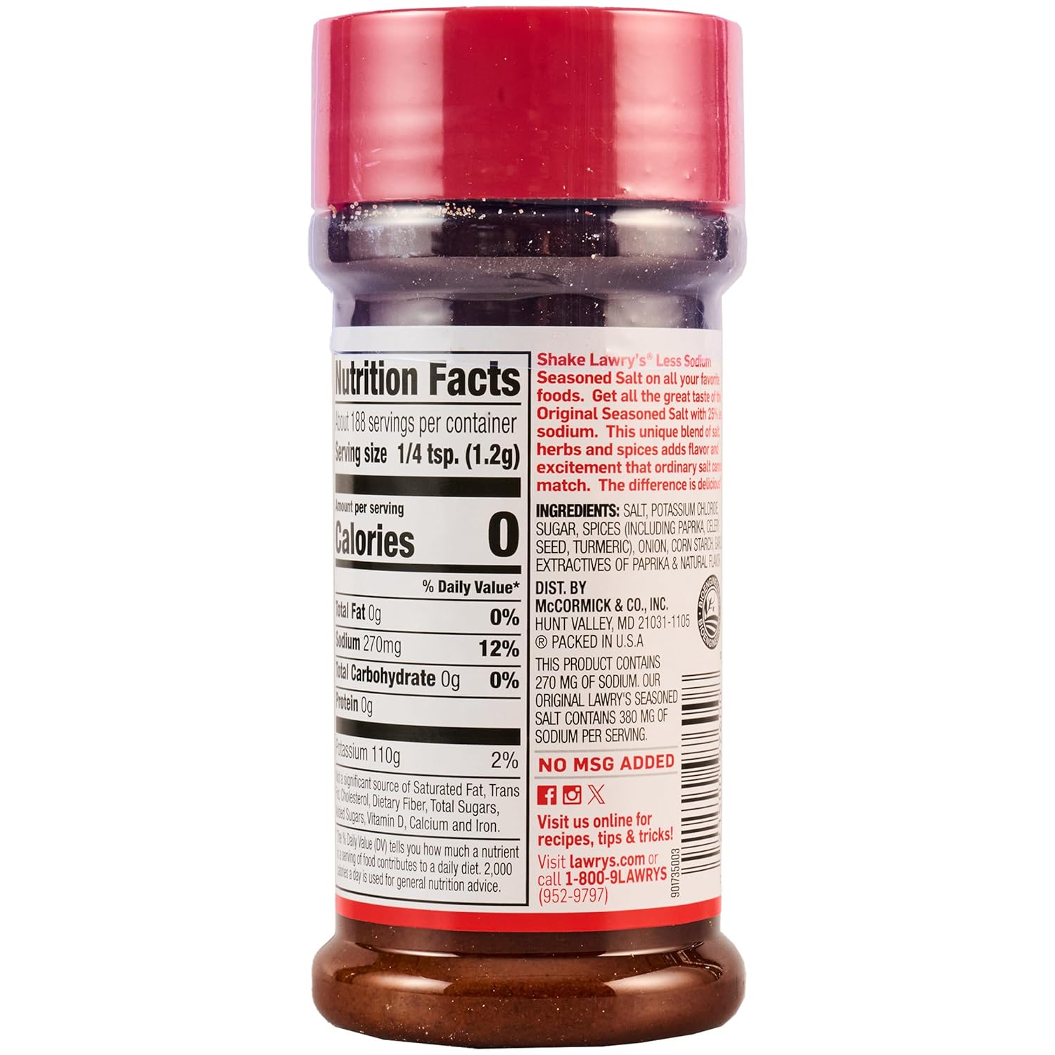 Lawry's 25% Less Sodium Seasoned Salt – Family Kitchen Seasoning with Less Sodium for Kids' Meals