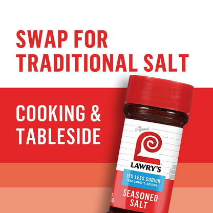Lawry's 25% Less Sodium Seasoned Salt – Family Kitchen Seasoning with Less Sodium for Kids' Meals
