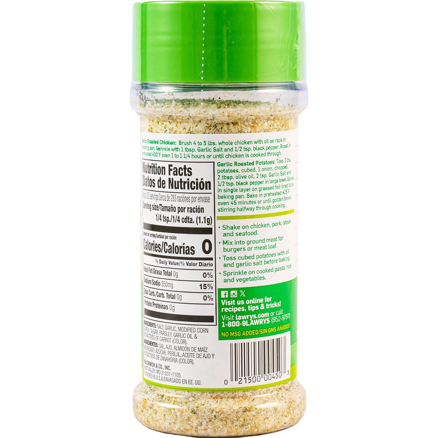 Lawry's Garlic Salt – Clean-Label Pantry Seasoning with No MSG Added, Kosher Certified, 11 oz