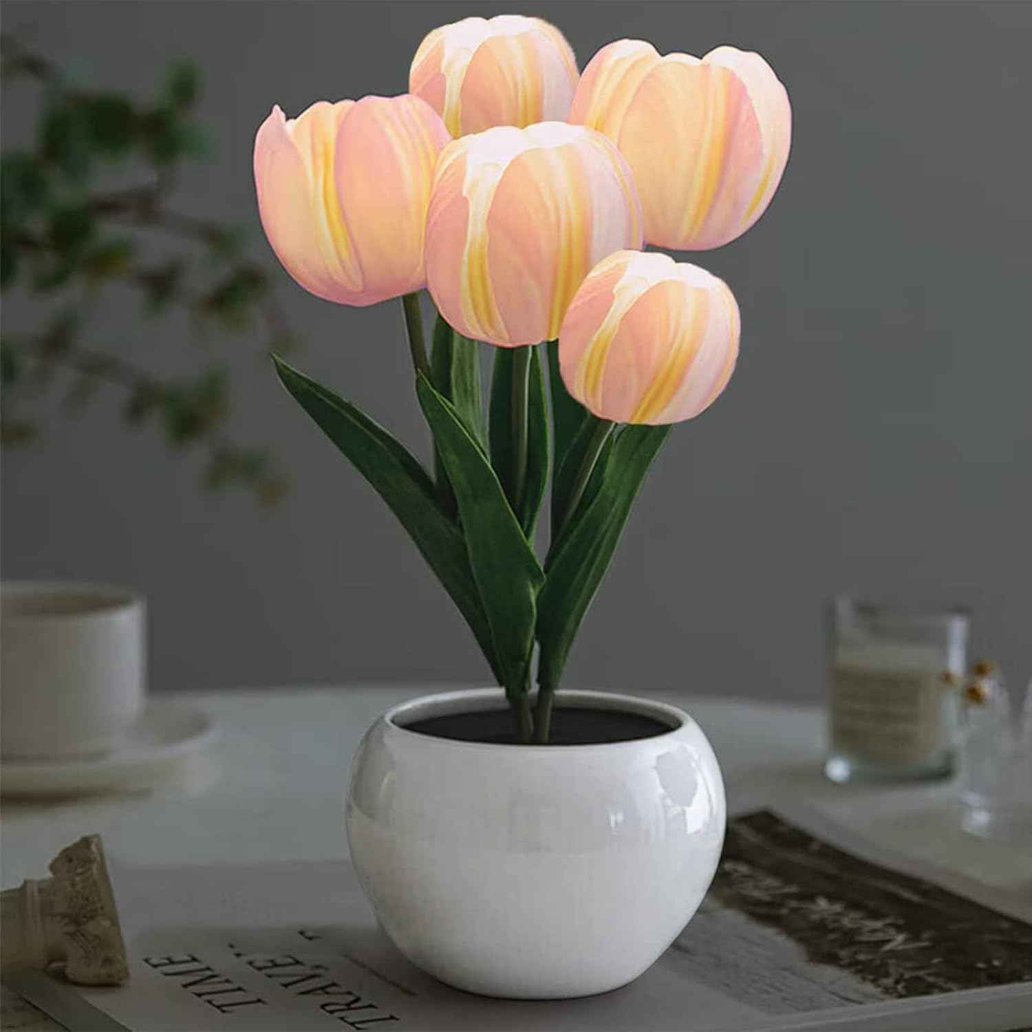 Tulip LED Table Lamp – Pink Artificial Flower Centerpiece for Living Room and Bedroom Decor