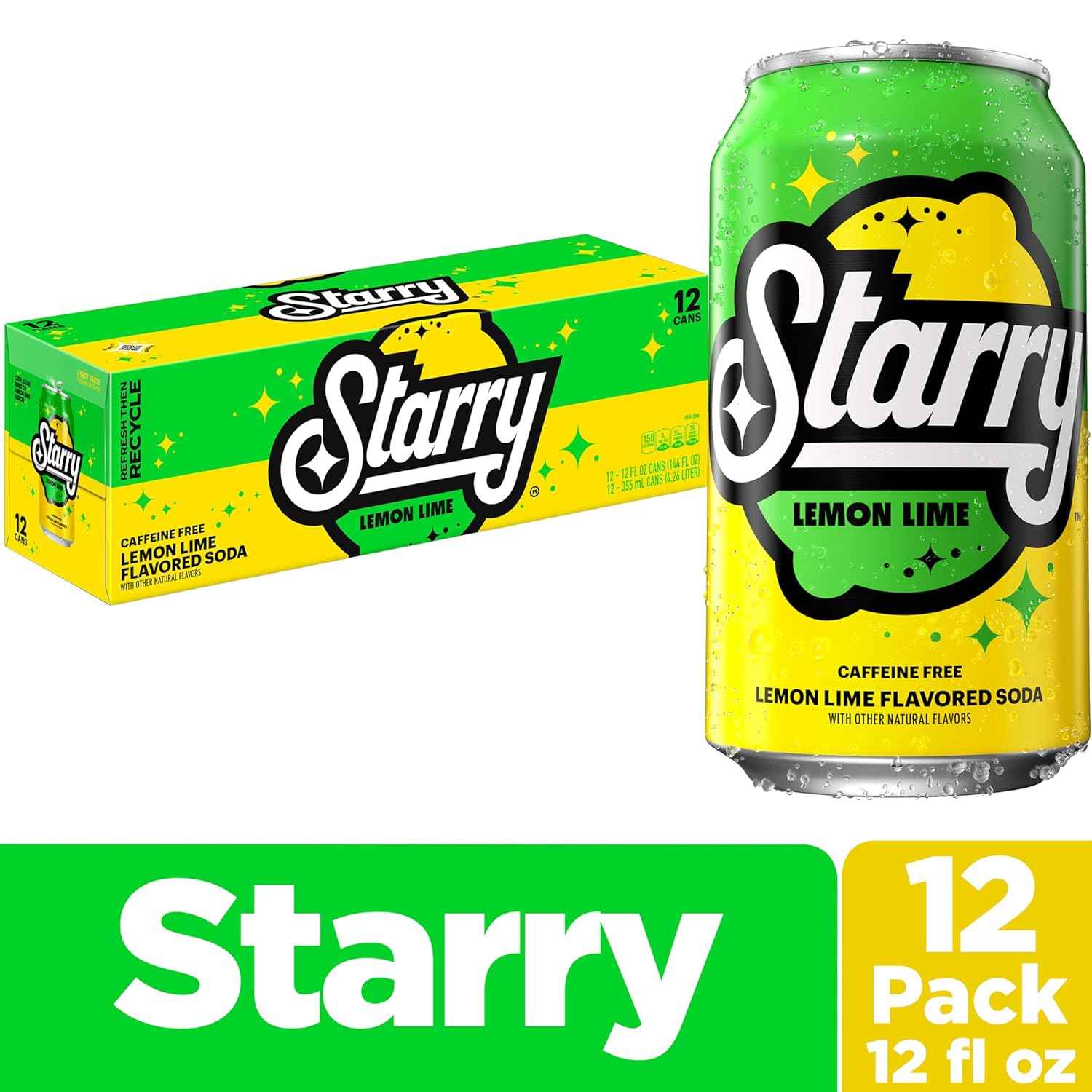 Starry Lemon Lime Soda – Zero-Sugar Caffeine-Free Soda for Calorie-Conscious and Diabetic-Friendly Diets, 12 Fl Oz Cans (Pack of 12)