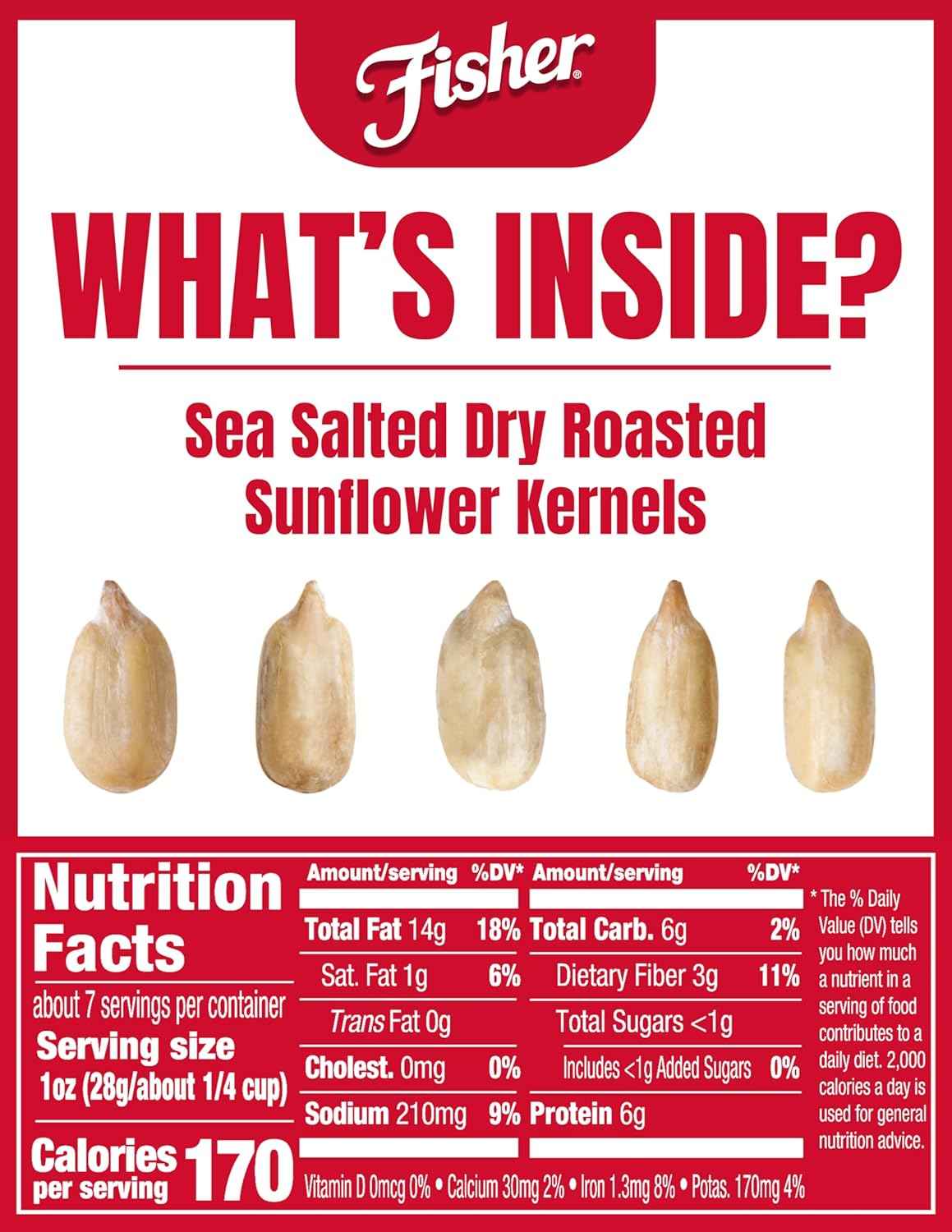 Fisher Dry Roasted Sunflower Kernels with Sea Salt – Clean Pantry Snack for Mindful Snackers, 7.25 oz Gluten-Free Bag