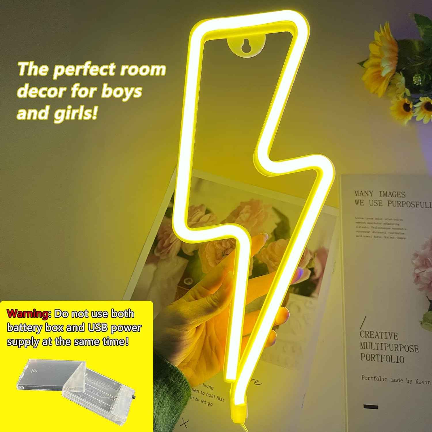 [Brand] Lightning Bolt Neon Sign – Modern Bedroom Wall Decor Accent, USB and Battery Powered LED Light for Living Room Aesthetic