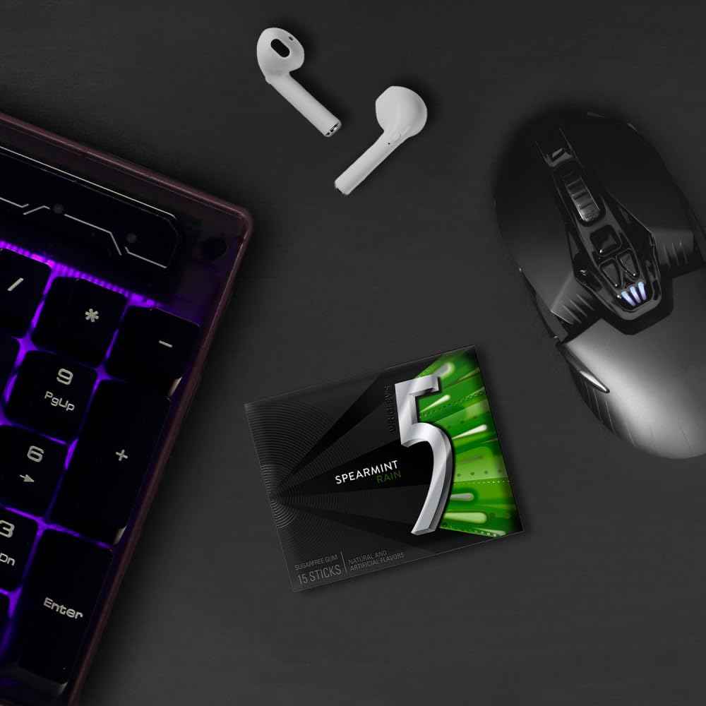 5 Gum Spearmint Rain Sugar Free Chewing Gum 45 Pieces, Long Lasting Desk Snack for Remote Work and Deep Work Sessions