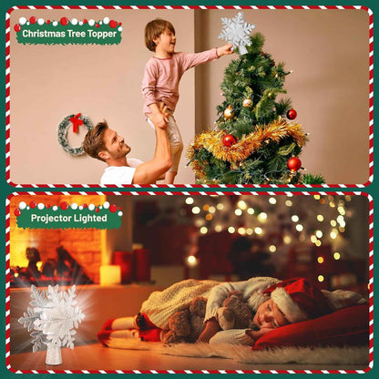 PliMook 3D LED Christmas Tree Topper Projector, No-Flame Glitter Glow and 6 Pattern Slides for Safe Christmas Eve Wonder in the Nursery, Silver