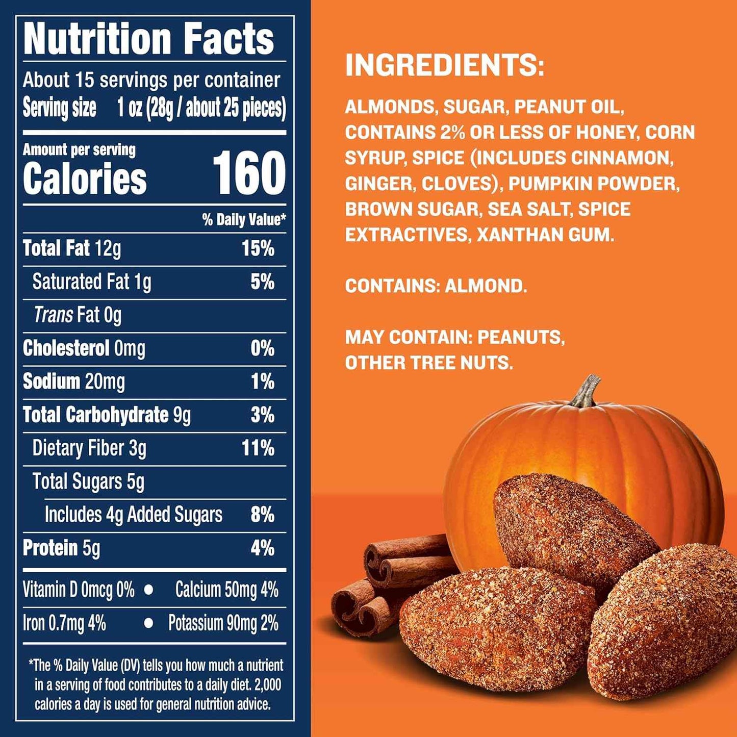 PLANTERS Fall Edition Pumpkin Spice Almonds 15.25 oz Resealable Canister – Portable Seasonal Snack for Camping Trips and Road Trips, Plant-Based Protein for Outdoor Adventures
